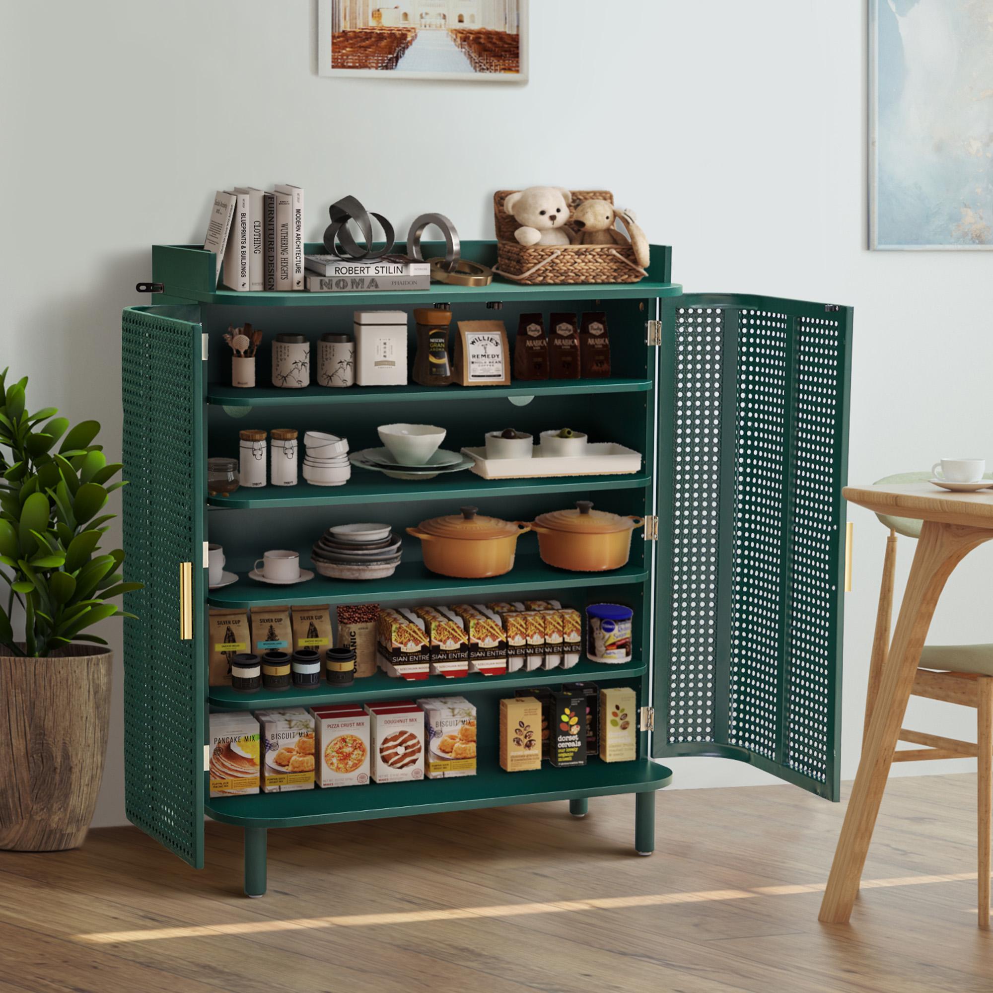 Giratree Shoe Cabinet, 5 Tier Boho Wooden Shoe Storage Organizer Cabinet with Adjustable Shelves, Shoes Rack with Iron Rattan Curved Doors Accent Cabinet for Entryway Hallway Living Room