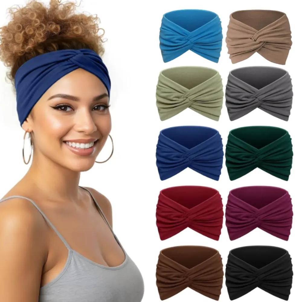 10 Packs Wide Headbands for Women, Thick Boho Turban Style Hair Wraps, Non-Slip Moisture-Wicking Workout Headband for Sports, Yoga, Daily Fashion