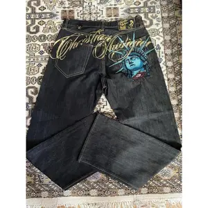 Vintage Statue of liberty Diamonds Jeans Casual Denim Pants High Waist Straight Wide Leg Jeans Harajuku Y2k 2000s Women ClothingGift