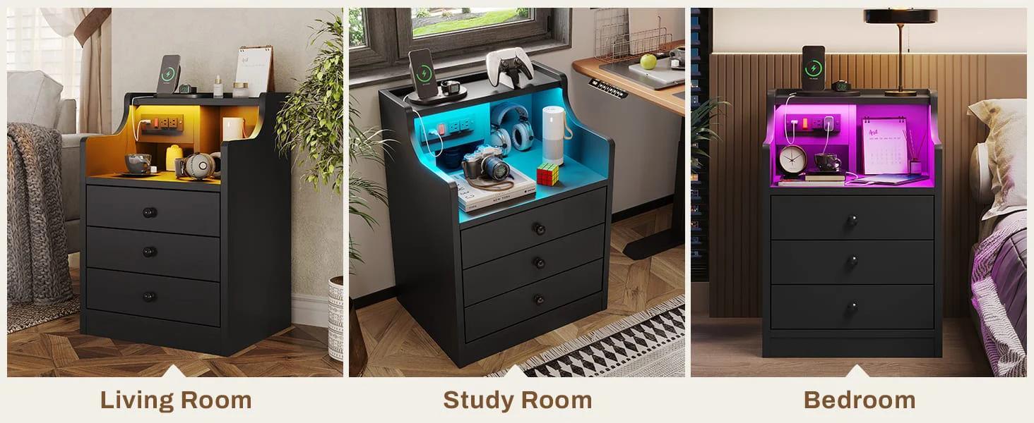 Sikaic Modern Minimal LED Nightstand Bedside with Hutch Drawers Charging Station Bedroom Furniture