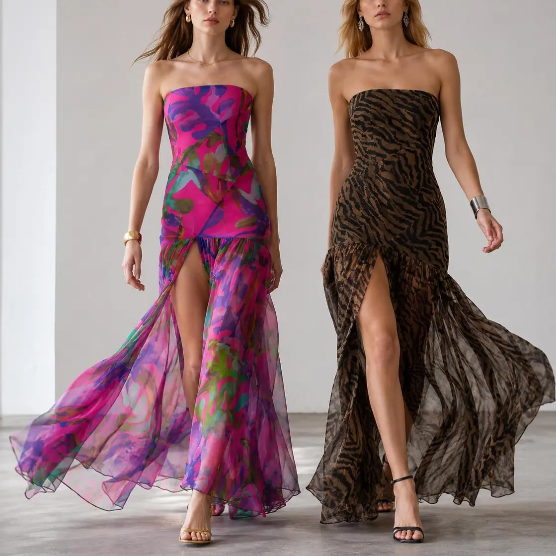Women's Tube Top DressStrapless Backless Mesh Patchwork Tropical Leopard Print High Slit Long Dress for Party Club Night Polyester, Women's Clothes, Clothes For Women