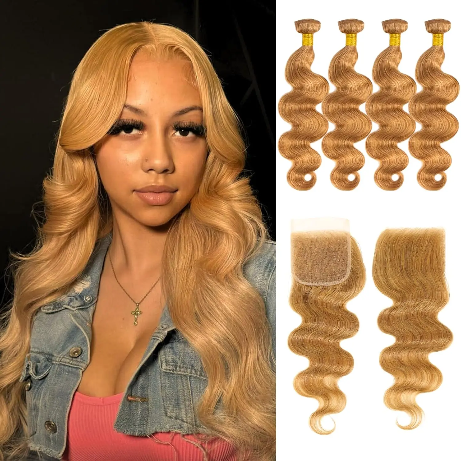ALHER #27 Honey Blonde 3 Bundle with 2x6/4x4/5x5 HD Lace closure Human Hair Body Wave Sun-kissed Vibe Golden Blonde 4 Bundles with 2x6 Long Deep Part Closure With Baby Hair #27 Colored HD Transparent 4x4 Closure with 4 Bundles Soft Thick Sew In Weave Wavy
