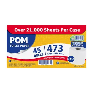 POM 2‑Ply Toilet Paper, 45 Rolls – 473 Sheets per Roll, Soft & Strong Bulk Bathroom Tissue