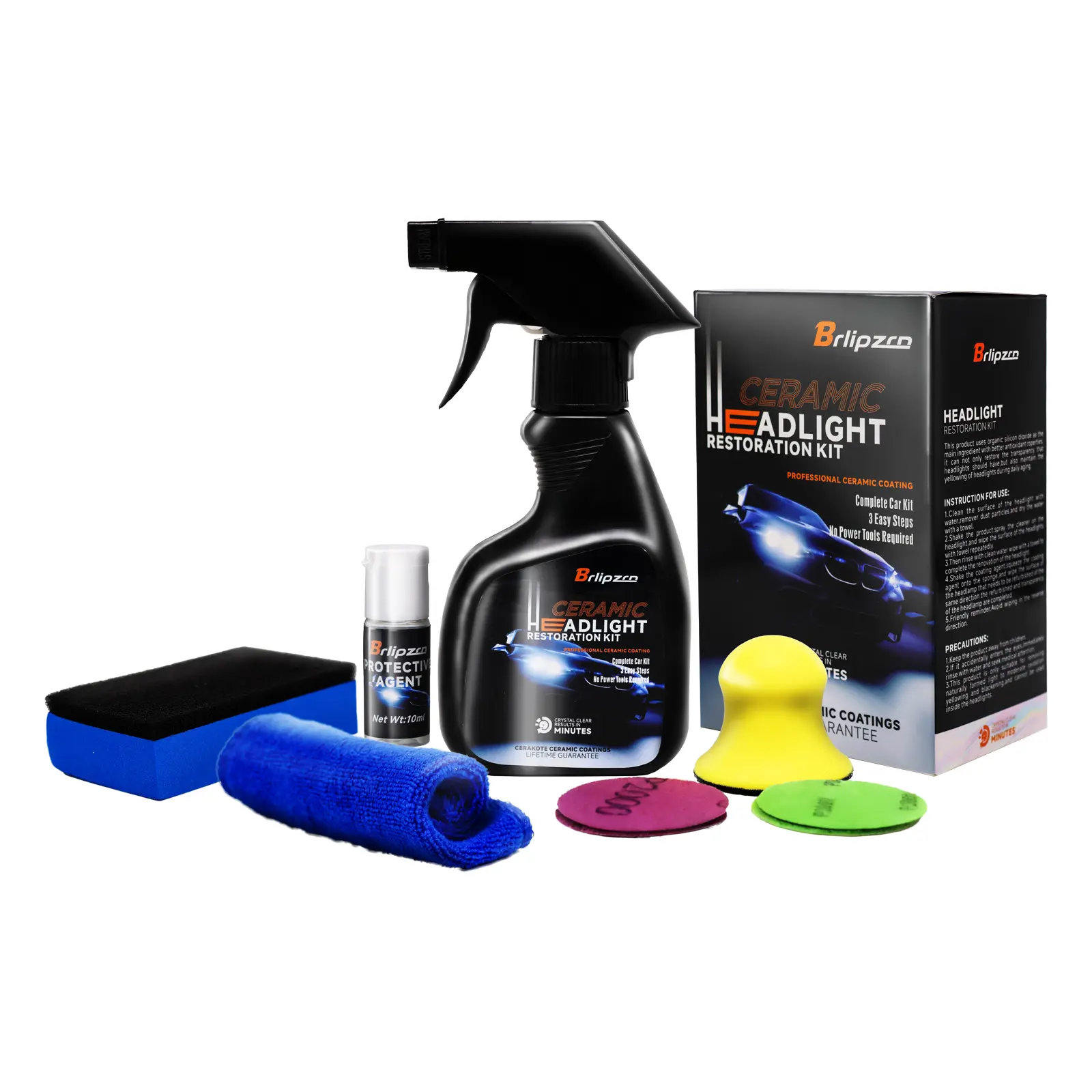 Automotive Headlight Restoration Kit with Liquid Solution - Surface Cleaner for Oxidized Yellowed Blurred Headlamps, Restores Original Color, Enhances Crystallization Coating, Boosts Gloss, Extremely Hydrophobic (Car Washing & Maintenance Paint Care)