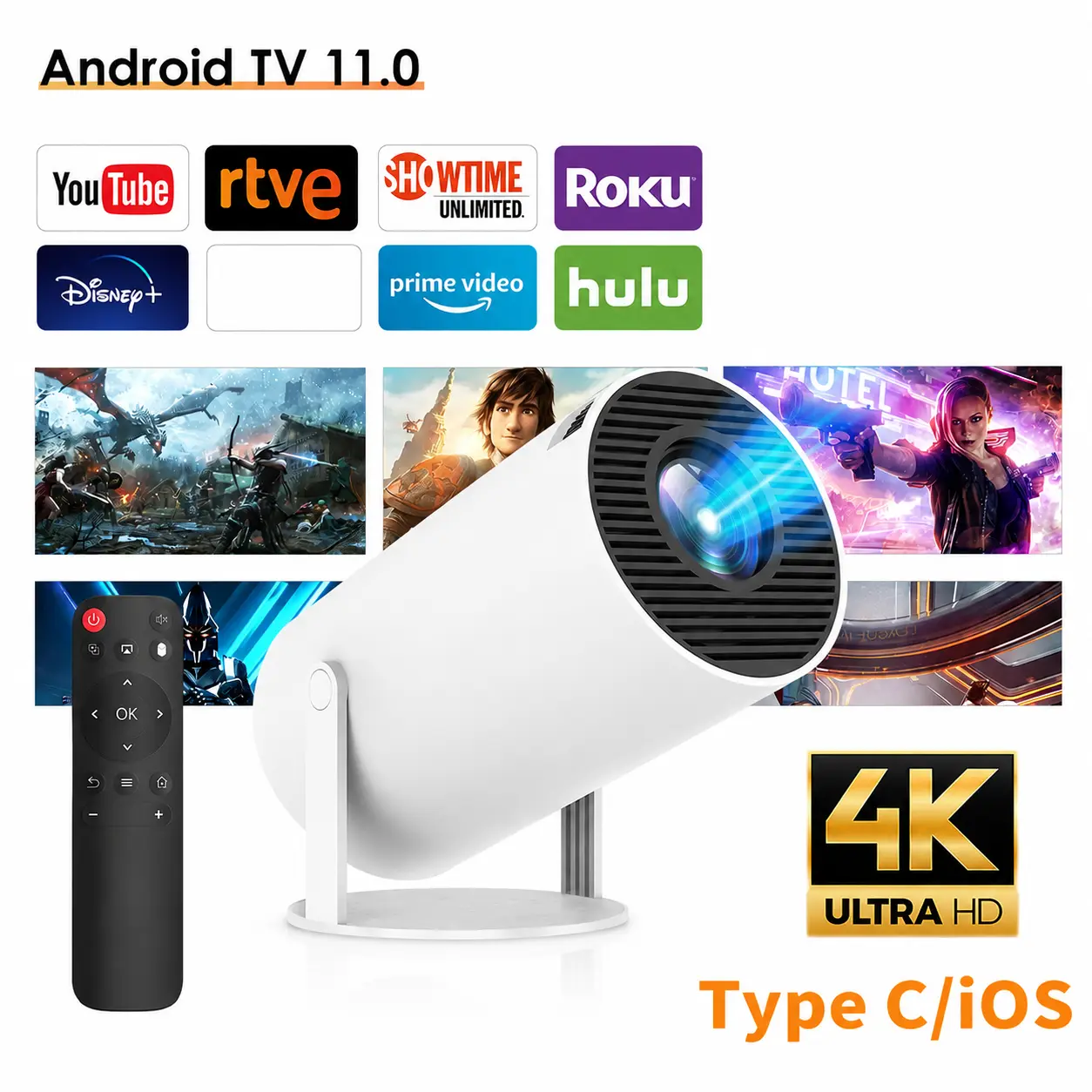 Magcubic HY300Pro Projector 290ANSI Android 14.0 Dual WiFi6 8K 4K Decode Auto Keystone Correction Wireless BT5.4 130"Screen 1280*720P Built-in Speaker Allwinner H726 180° Rotatable Mini Portable Home Cinema Outdoor Audio Summervibes Gift