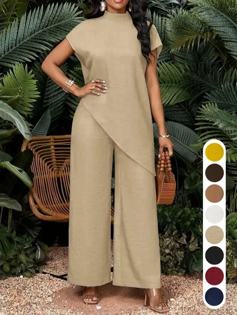 Summer Women's Stand Collar Asymmetrical Top & High Waist Wide Leg Pants Suit Set, Casual Two-Piece Set for Business, Womenswear
