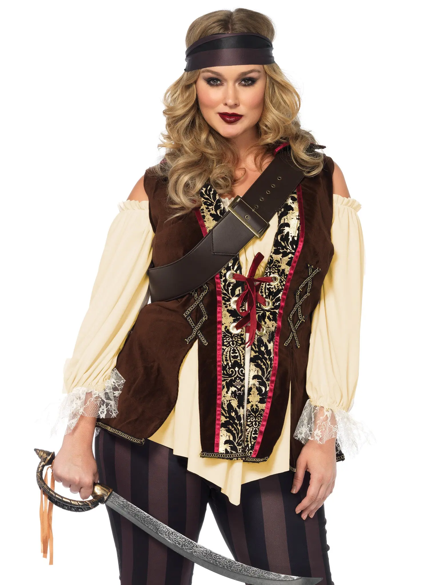 Leg Avenue Women's Plus Size Captain Blackheart Pirate Costume - Curvy Halloween Clothes with Matching Casual Tunic Top, Hat, Scarf, Lace Accessories