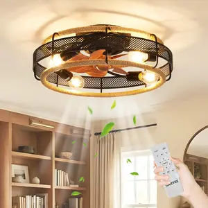 20 Inch Boho Ceiling Fan with Light and Remote, Low Profile Ceiling Fan with Light for Bedroom and Kitchen, Flush Mount Ceiling Fan with Lights, Caged Ceiling Fan with Light, Fandelier, Black