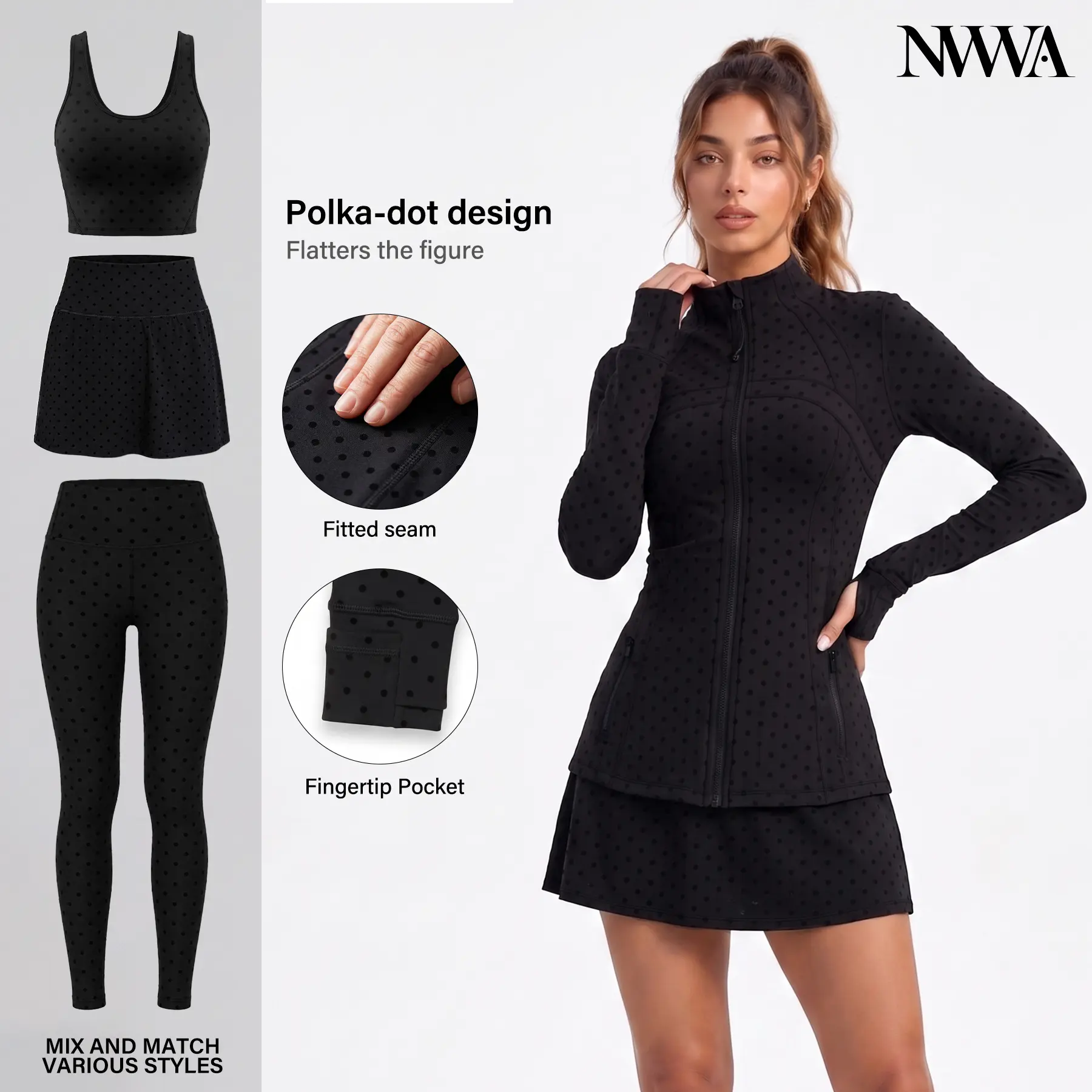 Lady's Fitted Polka-Dot Workout Set - Breathable Stretch Nylon-Spandex Jacket, Pair with Tank Top/Short Skirt/Trousers, Quick Dry Tennis Wear for Outdoor Sports, Zipped Front