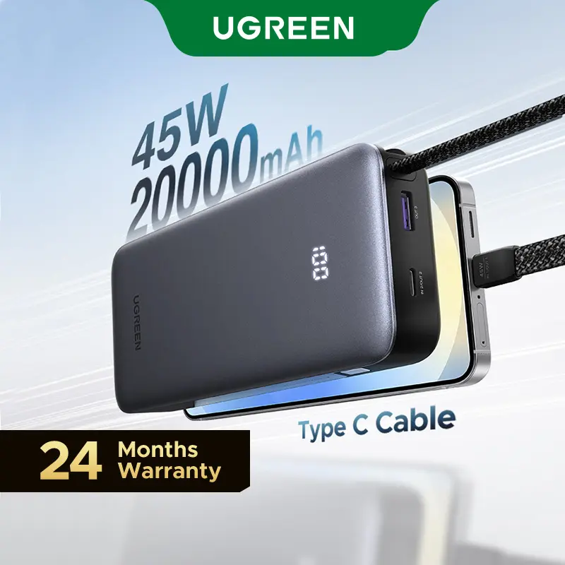 UGREEN Nexode 20000mAh 45W Power Bank with Built-in Cable, 3-Port Fast Charging Mobile External Battery Pack for iPhone 17 Pro/Samsung S25 Ultra/iPad Pro, Digital Display, Travel Ready EDC Gear (Tech Deals, Travel Stuff, Everyday Carry), Rechargeable Batt