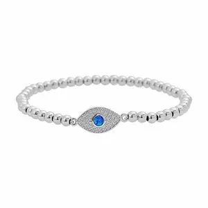 Stately Steel CZ and Opal Evil Eye Ball Chain Stretch Bracelet