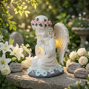 Solar Luminous Resin Prayer Angel Statue – Pink Crown & Blue Accents, Nickel Battery Freestanding Outdoor Decor, Home/Courtyard Garden Use, Solar-Powered Ornament