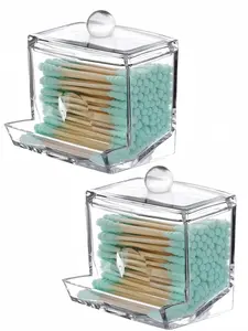 LMMAKE Clear Acrylic Qtip Holder Dispenser Apothecary Jar for Cotton Swab Ball & Floss Picks Small Bathroom Countertop Organizer and Storage Modern Vanity Decor Bigger Than Others Durable Plastic Makeup Box Organizer - Transparent