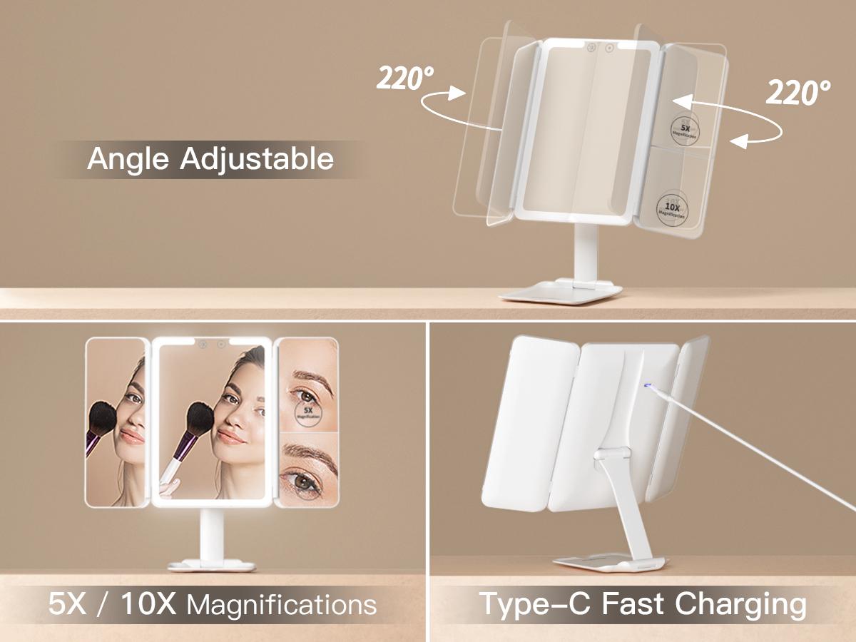 BEAUTIFIVE Tri-fold Travel Makeup Mirror with 48 LED Lights, 1X/5X/10X Rechargeable Vanity Mirror with Light, Portable Magnifying Mirror with Light, Stepless Dimming and Touch Control Table Mirror, Perfect Gift for Her, SummerVibes