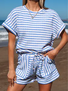 Women's Sky Blue Stripe Knitted Short Sleeve Top and Drawstring Shorts Sets Summer Beach Vacation Matching Outfits Casual Daily Lounge Gowns Two Piece Knit Sun Suits outdoorfun
