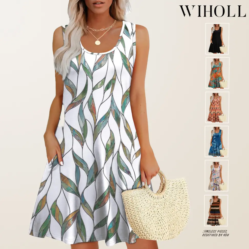 WIHOLL Womens Summer Dresses Loose U Neck Sleeveless Sundresses Dress with Pockets