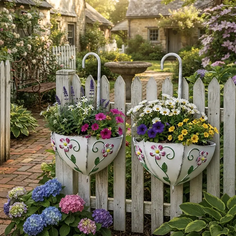 Vintage Metal Umbrella Hanging Planter Set, Decorative White Floral Wall Flower Pot for Fence, Porch, Patio, Outdoor Garden Landscaping Art, Weather-Resistant Yard Decor Ornament, Cottagecore Backyard Home Accent Gift