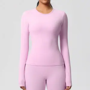 Long Sleeve Crew Neck Solid Color Fitted Top - 96% Spandex 4% Nylon Breathable Quick Dry Seamless True To Size