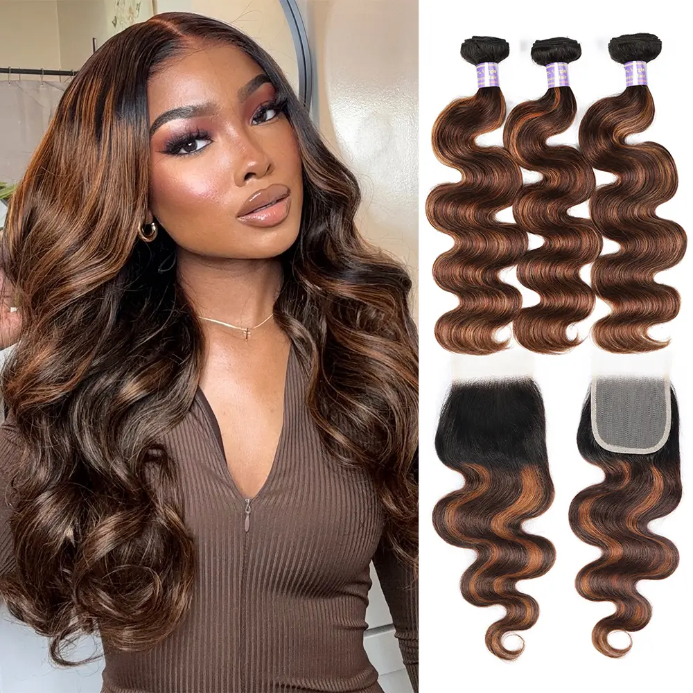 Allove FB 30 Brown Highlight Body Wave Bundles With Closure 4x4 inch Brown Colored Human Hair Bundles With Closure