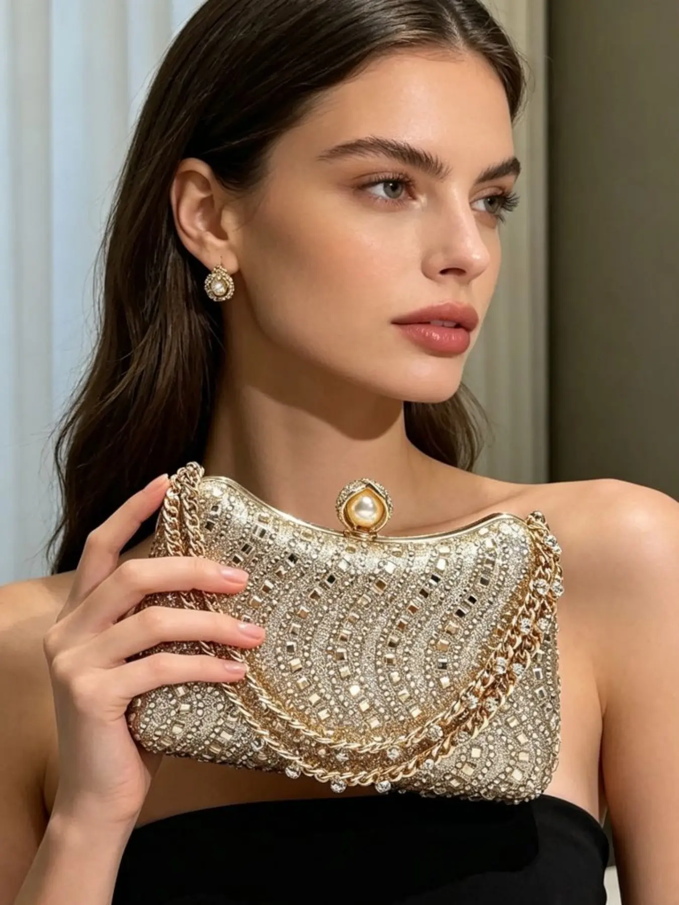Women's Elegant Rhinestone Decorated Evening Bag, Exquisite Chain Strap Clutch Bag, Trendy Handbag for Party Decoration, Fashionable Shoulder Clutch, Embellished Clutch, Evening Clutch Purse