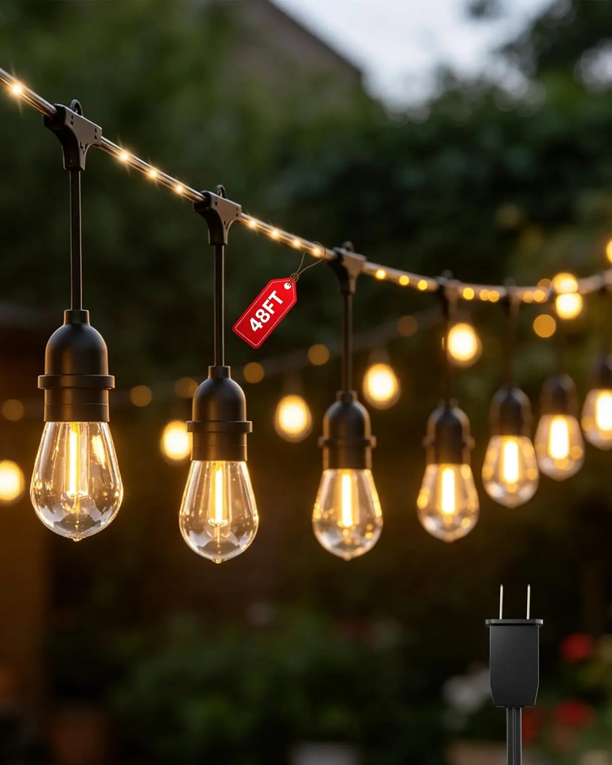 BEATINEON Commercial Grade Outdoor LED String Lights, 48 ft IP65 Waterproof Bistro Lights with 16 (15+1 Spare) S14 Edison Bulbs & 144-LED Lighted Tubing, 2700K Warm White for Patio