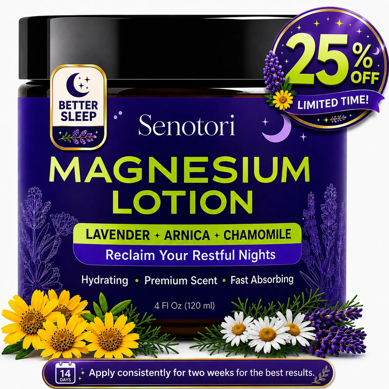 Senotori Magnesium Lotion for Body & Feet, Soothing Blend with Eucalyptus, Arnica, MSM & White Willow Bark, Daily Moisturizer for Sensitive Skin, 4 oz