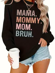 Women's MAMA Print Crew Neck Sweatshirt - Casual pullover with distressed lettering design, machine washable, all-season comfortable fit, cute style, everyday comfort, stylish appliqué details.