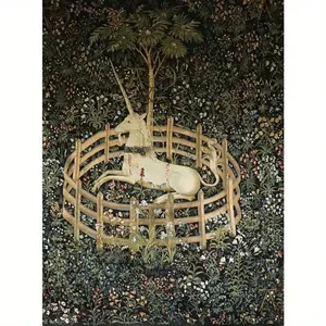 1Pc Medieval Unicorn Captivity Tapestry - Peach Velvet Polyester Wall Hanging, Landscape Theme, Home Decor For Living Room Bedroom Dorm, Woven Artwork With Installation Accessories