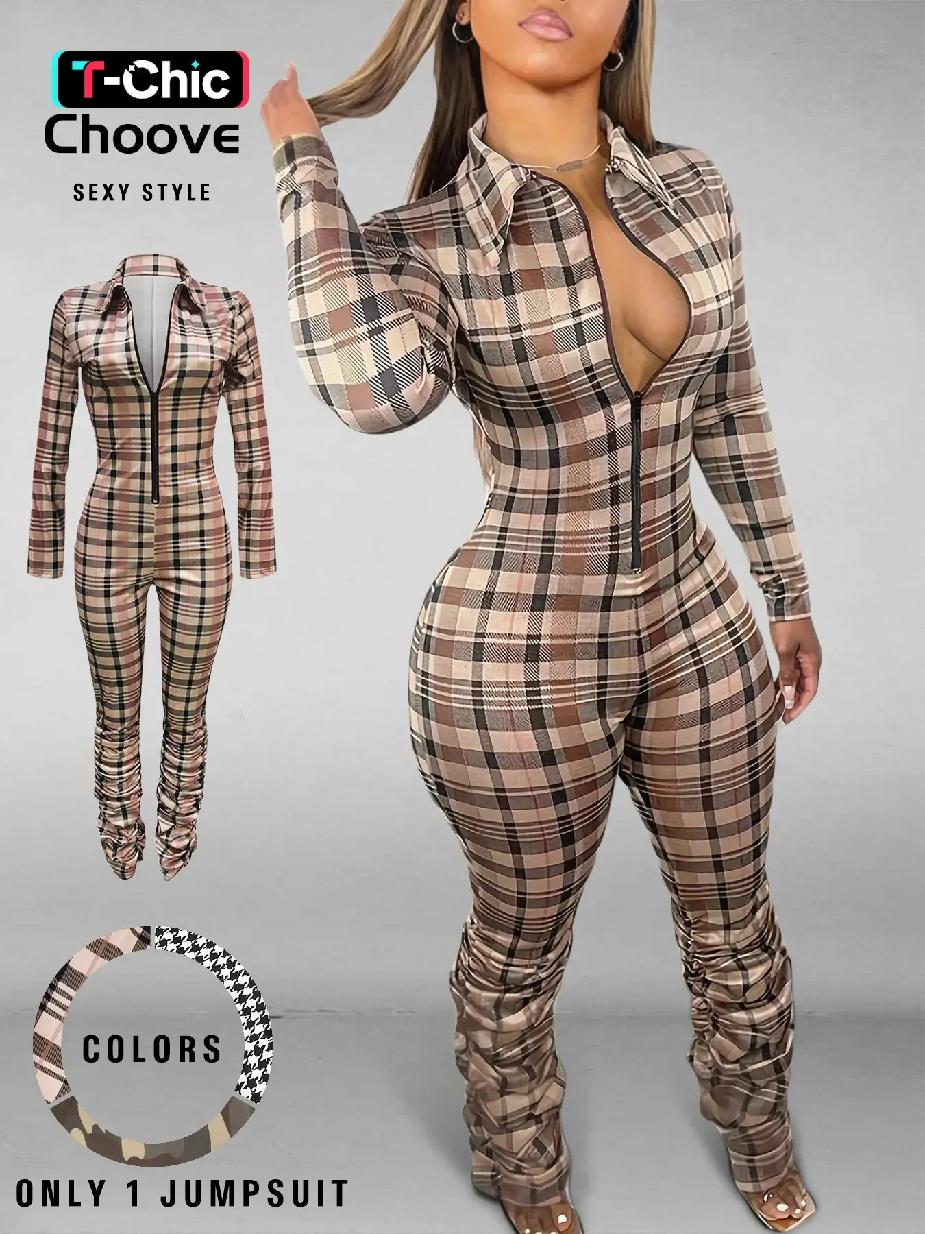 Women's Sexy Casual Plaid Bodycon Jumpsuit with Collared, Zipper Front & Ruched Design, Tight-Fitting Long Sleeve Jumpsuit for Fall & Winter, Womenswear Fitted One Piece Jumpsuits
