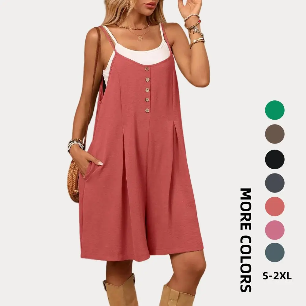 Women's Soft Fashion Overalls, Loose Fit Solid Spaghetti Strap Summer Jumpsuit with Pockets, Basic, Lightweight, Comfortable
