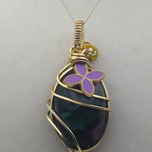 Gold Charmed Malachite Resin Flower Pendant Necklace  14k Gold-Filled Wire Wrapped with Lavender Flower Accent