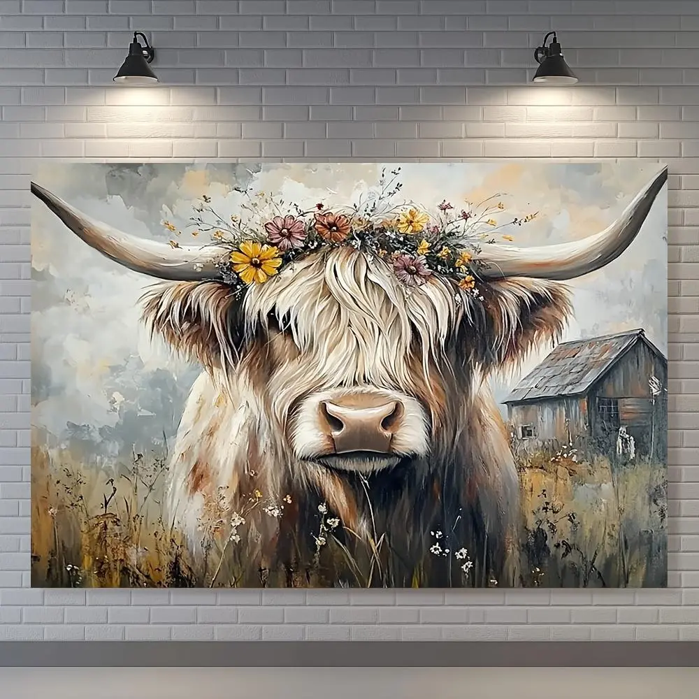 1PC Polyester Rustic Highland Cow Wall Tapestry - 2D Flat, Floral Crown, Vintage Barn, Wildflowers - Boho Farmhouse Decoration, Happy Birthday Photo Booth Backdrop, Outdoor Wall Tapestries for Bedroom