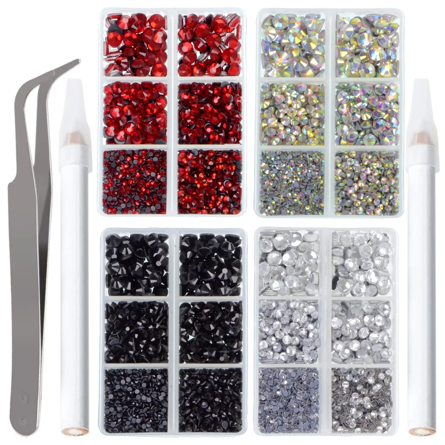 10000Pcs Hotfix Rhinestones Flatback Glass Crystal Clear Red AB Crystal and Black Rhinestone with Tweezers and Picking Pen for Crafts Clothes Nail Art