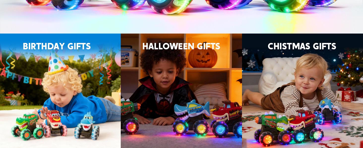 JOYIN Toys for Kids 3 Pack Monster Truck Toy, Motion Activated Light-Up Cars, Press & Go Cars for Boys Girls, Christmas Gifts for Kids Baby Toy Present Dinosaur Carrier Truck, BUMP MONSTER TRUCK SET easter gifts for kids