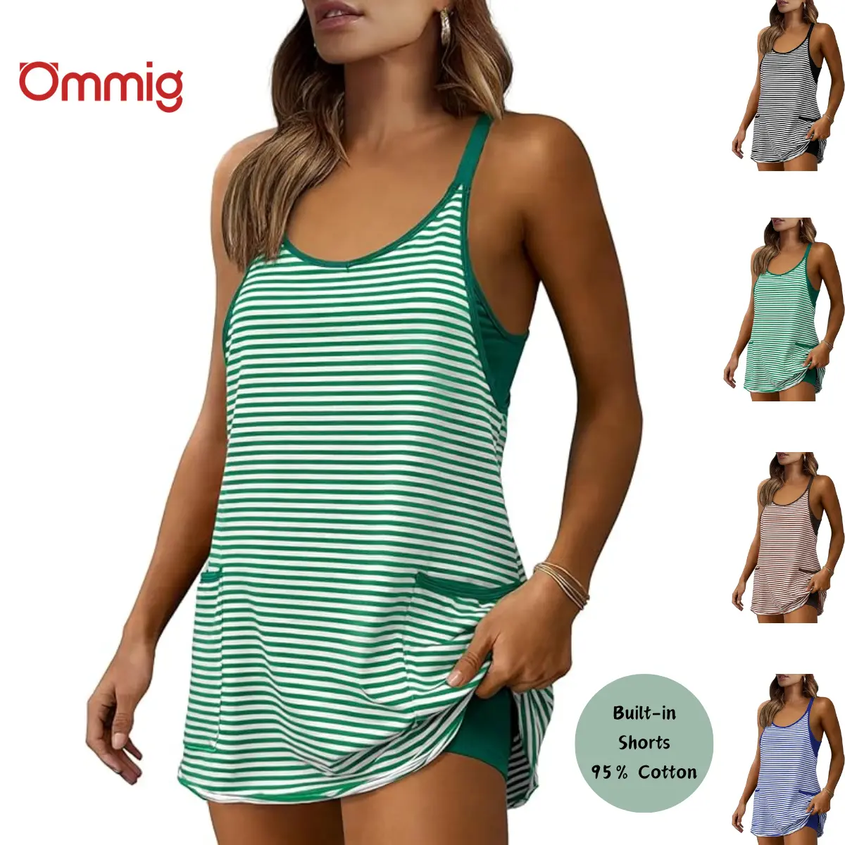 Ommig Women's Summer Athletic Mini Dress Sleeveless V Neck Built-in Shorts Striped Tennis Workout Vacation,summerwins
