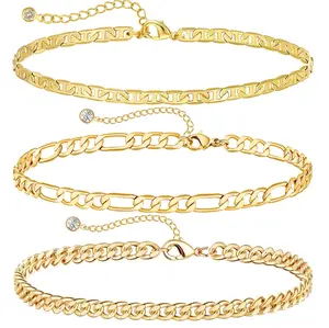 Dainty Titanium Steel Gold Plated Ankle Bracelets for Women, Waterproof Titanium Steel Gold Plated Link Chain Anklets Non Tarnish Set Pack Summer Beach Jewelry Gift