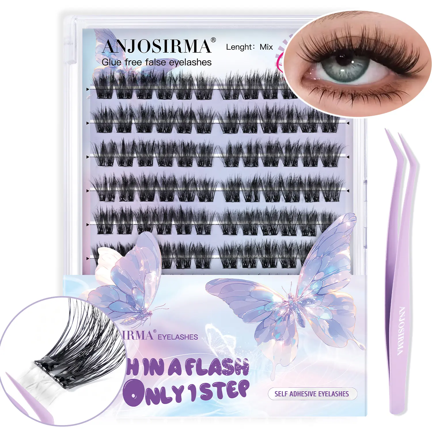 ANJOSIRMA No Glue Lash Kit Jelly-Coated Base Self Adhesive Individual Eyelashes Easy Makeup Application with Non-Stick Tweezers 120 Pcs for Salon-Like Results