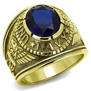 Men's Gold IP Stainless Steel Wide Band Navy Sapphire CZ Ring, Jewellery, Trendy