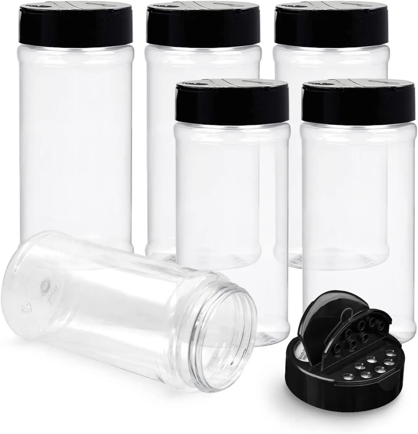 6-Pack 16oz Plastic Spice Jars with Black Caps – Clear Safe PET Bottle Containers with Shaker Lids and Lined Caps, BPA-Free, Airtight, and Reusable – Perfect for Herbs, Spices, Seasonings, Powders, and Dry Food Storage