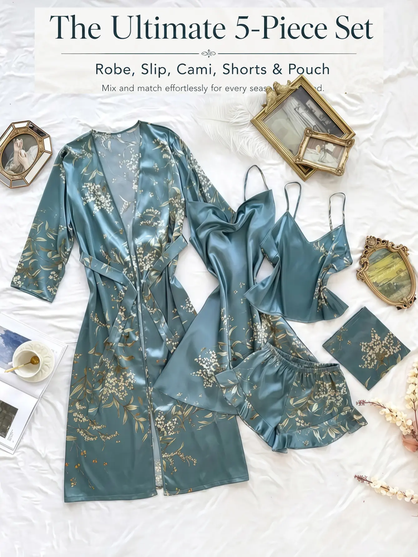 Women's Floral Print Satin 5-Piece Pajama Set - Tie-Up Long-Sleeve Robe, Cowl-Neck Camisole Nightdress, Spaghetti-Strap Top, Ruffled Shorts, Small Pocket Silky Luxury Loungewear