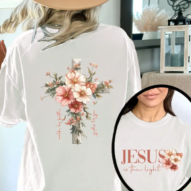 Women's Fitted Crew Neck Sweatshirt - Christian "Jesus is the Light" Floral Graphic Long Sleeve Polyester Top, Tops, Christian Quote