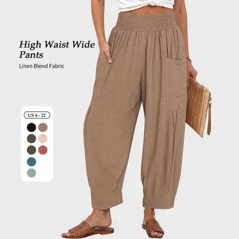 TARSE Women Linen Blend Boho Wide Leg Pants Casual Loose High Waist Cargo Harem Work Pants Baggy Travel Barrel Vacation Trousers with Pockets