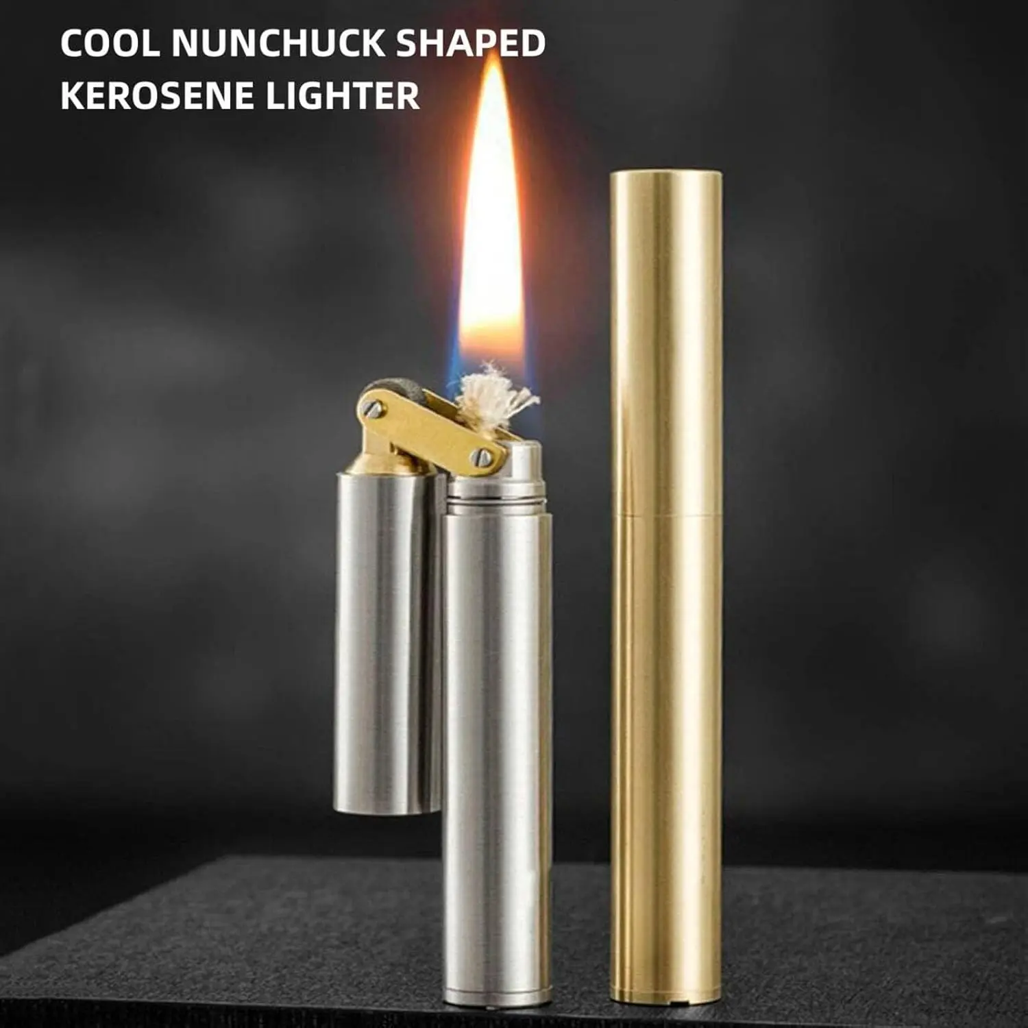 Vintage Brass Kerosene Pocket Trench Lighter - Refillable, Windproof, Wheel-Operated, Lightweight Nunchuck Novelty Lighter Accessory, Nostalgic Collectible Gift for Dad, Husband (Birthday, Thanksgiving) (Fuel Not Included)