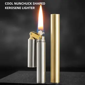 Vintage Trench Lighter – Refillable Kerosene Metal Nunchuck novelty Lighter in Antique Brass Finish, Retro Windproof Fluid Lighter, Unique Gift for Men, Dad & Husband (Fuel Not Included)