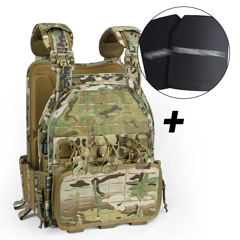 This versatile mollusknit vest features two 3-A pads and is adjustable in size for outdoor hunting and sports.