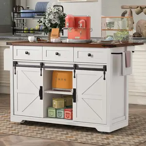 53.7" Farmhouse Rolling Kitchen Island Cart with Drop Leaf Sliding Barn Doors Spice Rack Mobile Storage Island on Wheels Multifunctional for Home Kitchen Dining Room