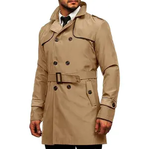 Men's Trench Coat Slim fit Double Breasted Notched Lapel Belted Windbreaker Long Jacket Casual Windproof Overcoat