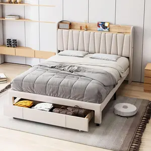 Full Size Bed Frame with Storage Headboard  Upholstered Platform Beds with Drawers  Charging Station  Noise-Free  Easy Assembly No Box Spring Needed  Beige
