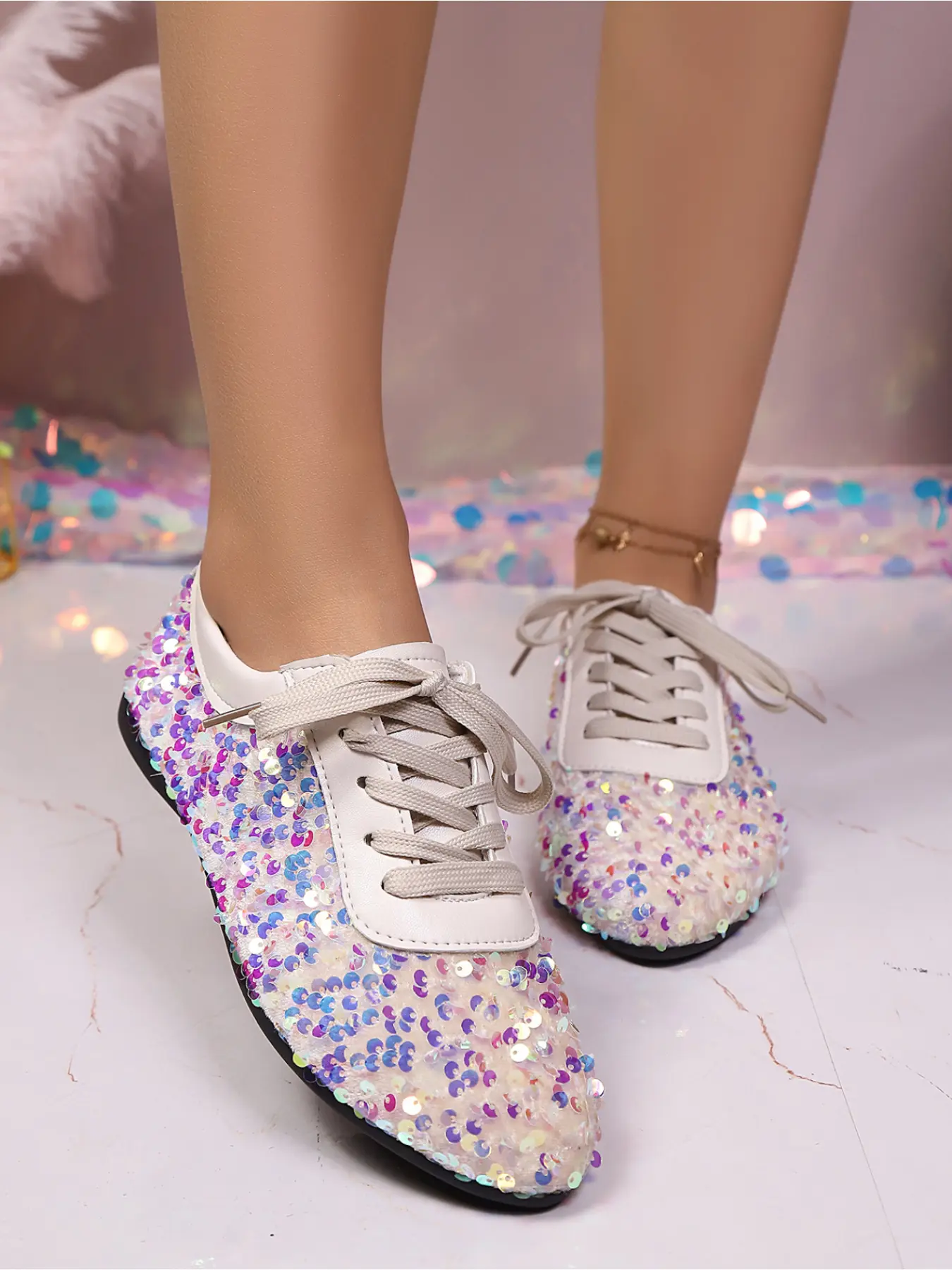Women's Full Sequins Lace-Up Flat Shoes, Dreamy Fairy Style Party Sneakers
