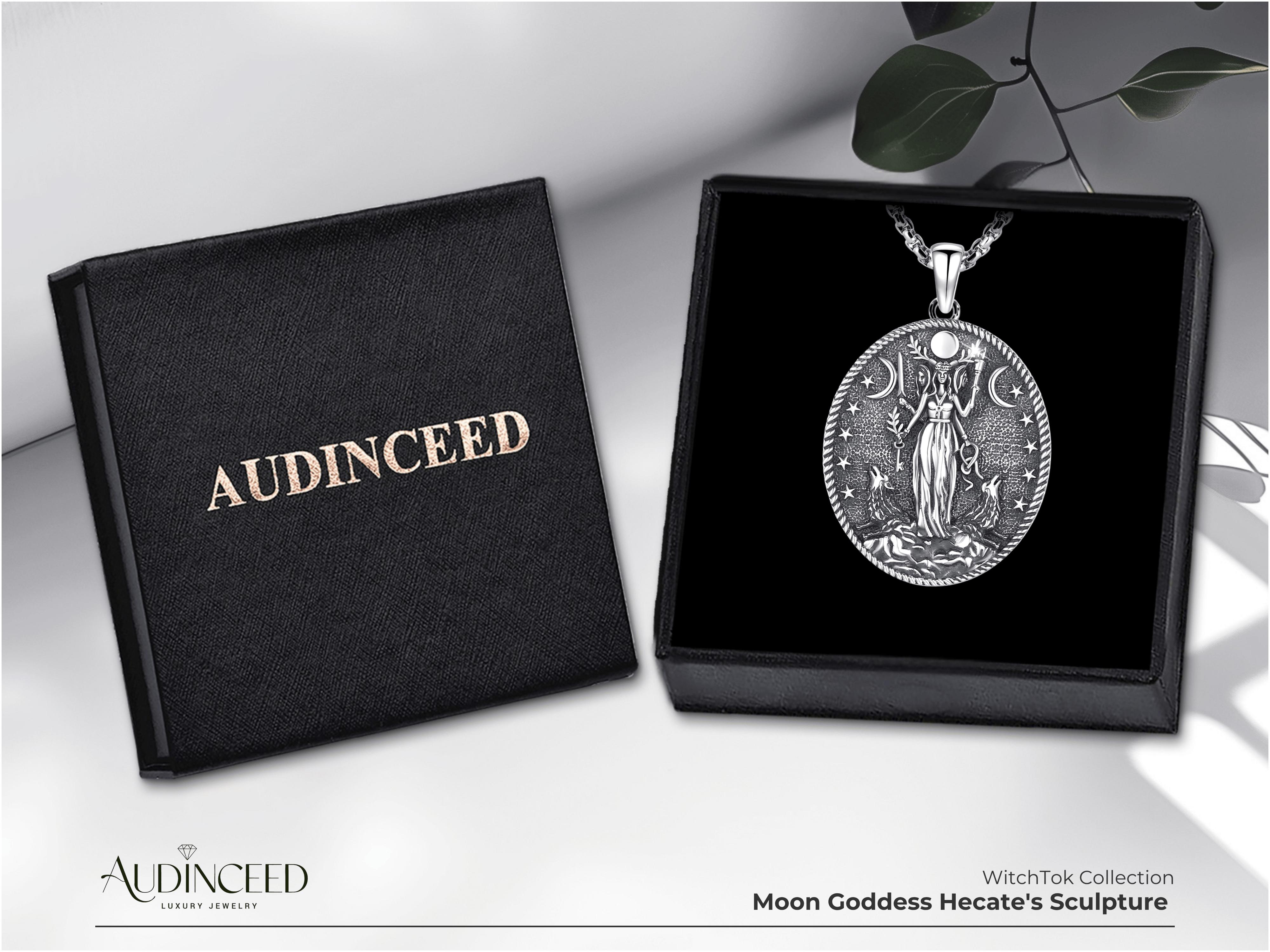 Audinceed Hecate S925 Sterling Silver Necklace, Witchtok Collection Hecate Hekate Luxury Triple Moon Goddess Pagan Wiccan Magic Silver Necklace Pendant Blessed Amulet Jewelry Gift for Women Men